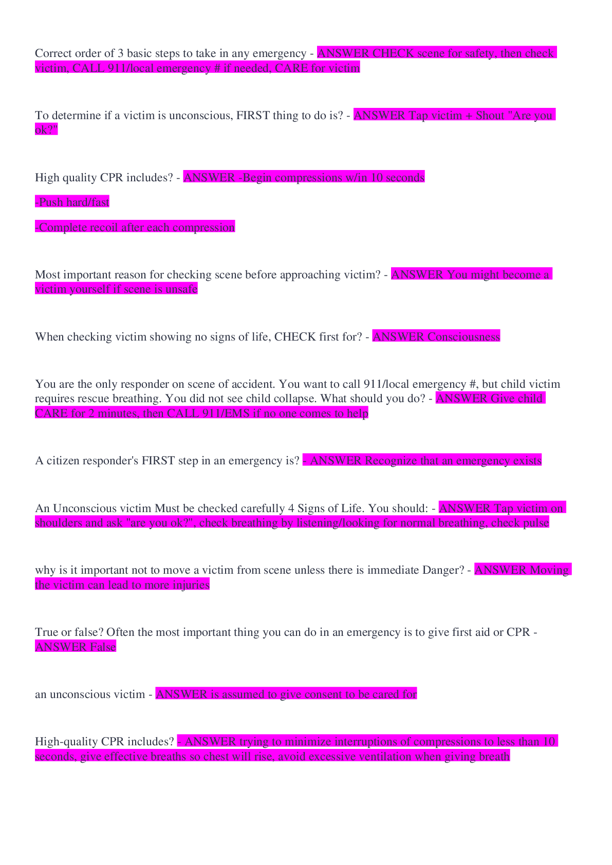 Preview image of CPR Test Questions and Answers document